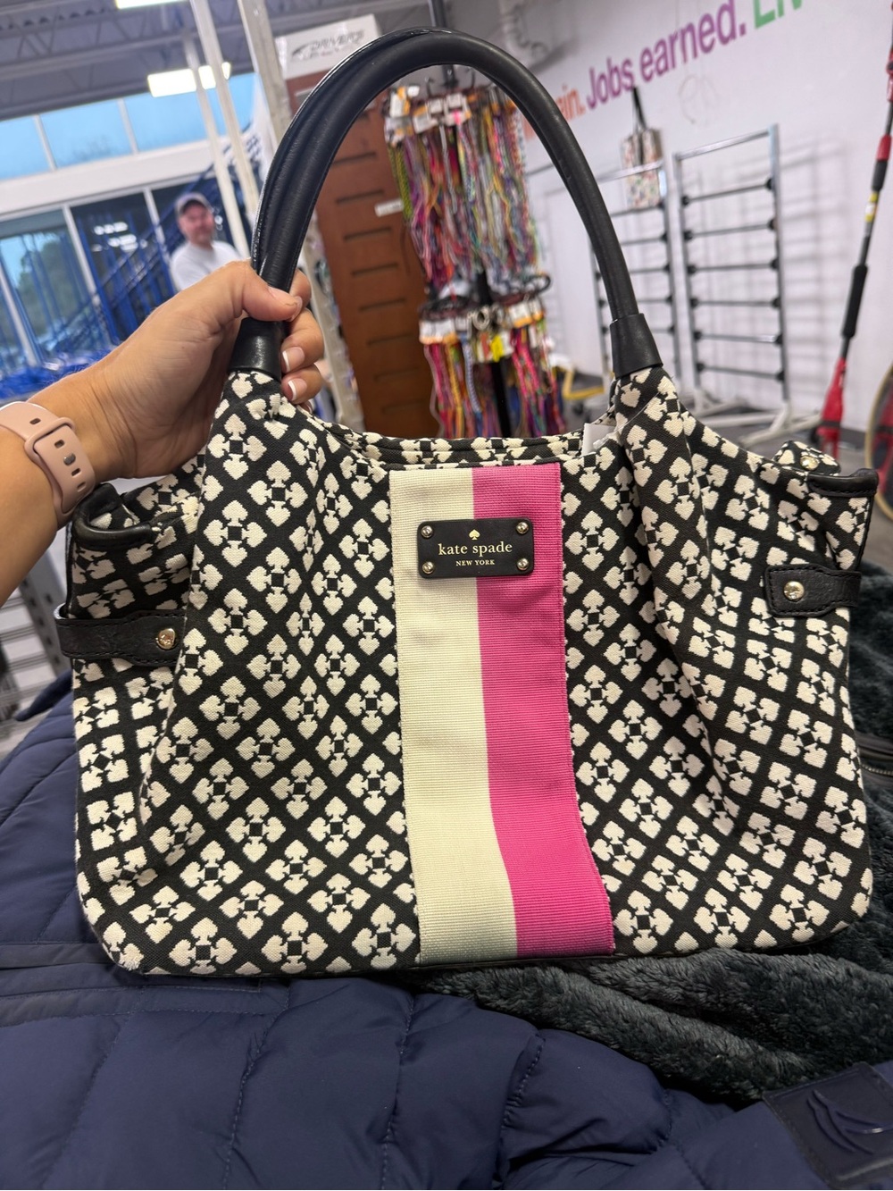 kate spade Black & White Geometric Tote with Pink and Cream Stripe
